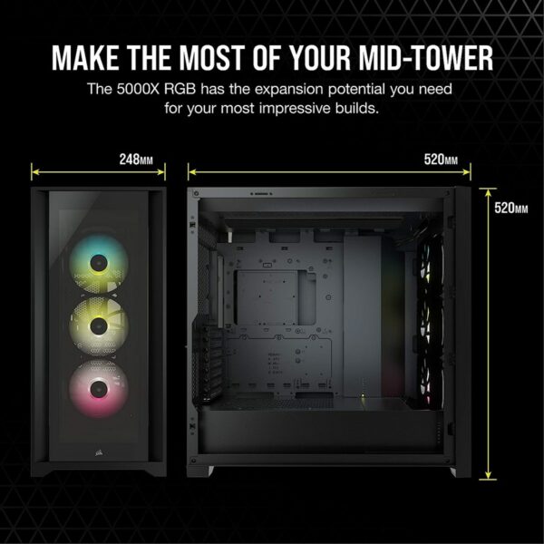 Corsair iCUE 5000X RGB Tempered Glass Mid-Tower ATX PC Smart Case — Black - Image 3