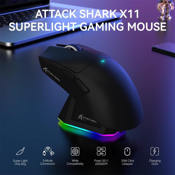 ATTACK SHARK X11 Wireless Gaming Mouse with Charging Dock – Black & White - Image 2
