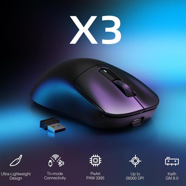 Attack Shark X3 Lightweight Wireless Gaming Mouse, 49g Tri-Mode Bluetooth/2.4G/USB-C Wired Mouse for PC/Laptop/Mac - Black, White & Red - Image 2