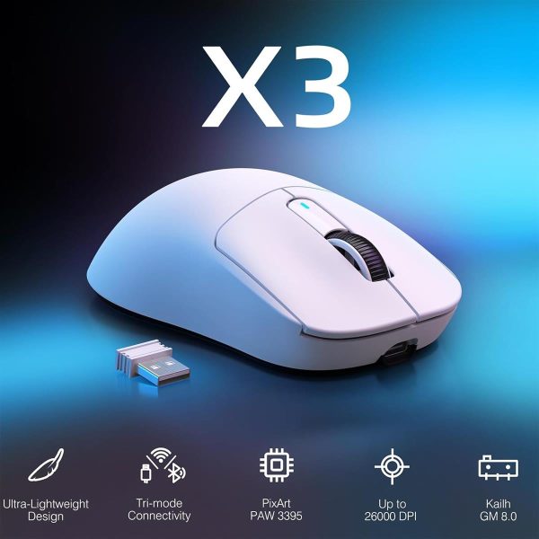 Attack Shark X3 Lightweight Wireless Gaming Mouse, 49g Tri-Mode Bluetooth/2.4G/USB-C Wired Mouse for PC/Laptop/Mac - Black, White & Red - Image 6