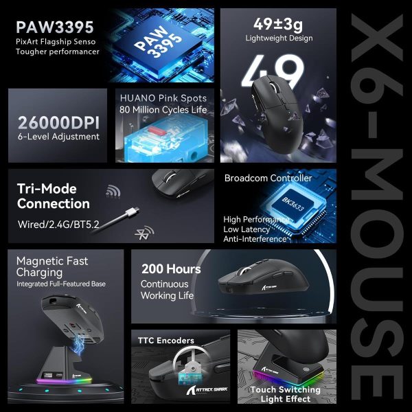Attack Shark X6 Lightweight Wireless Gaming Mouse with RGB Backlight Charging Base - Black & White - Image 3