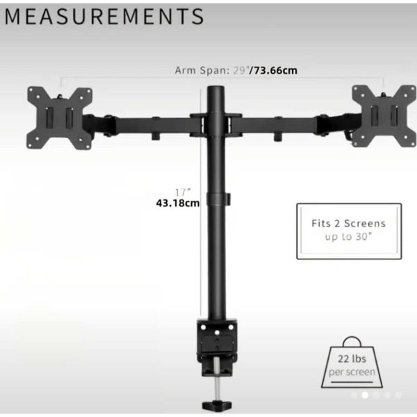 Dual Monitor Arm  Heavy Duty Fully Adjustable Steel Stand, Holds 2 Computer Screens up to 27" and Max 8kg Each, Black - Open Box - Image 6